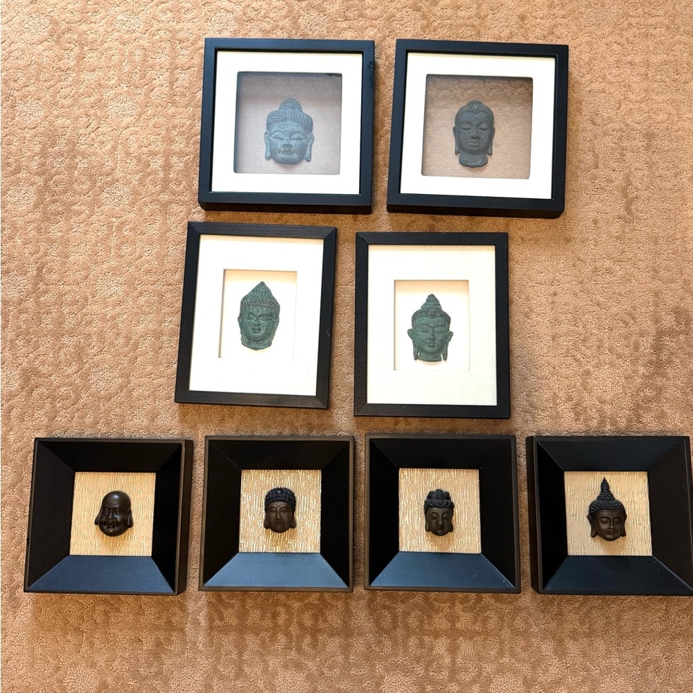 Set of 8 Framed Buddha Head Wall Art - Black Frames with Green & Bronze Accents